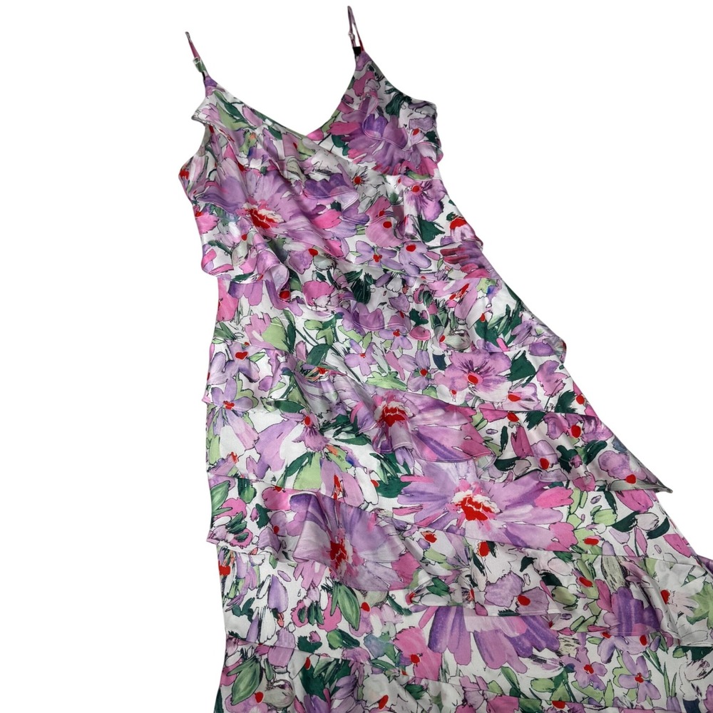 Belle Badgley Mischka Maxi Dress Womens 6 Purple Floral Tiered Ruffle Romantic